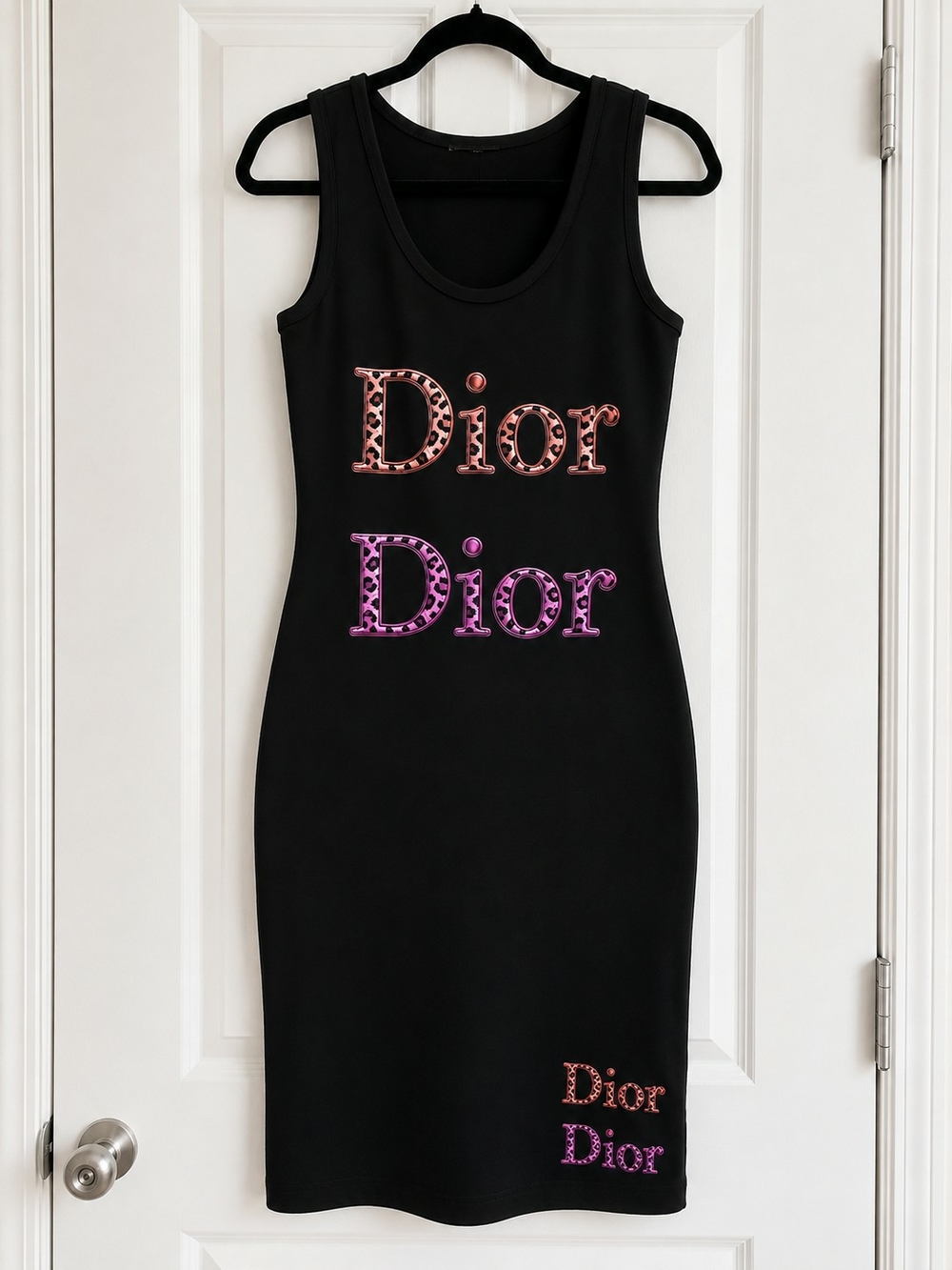 Black Sleeveless Logo Midi Dress with Rose Gold and Purple Accents